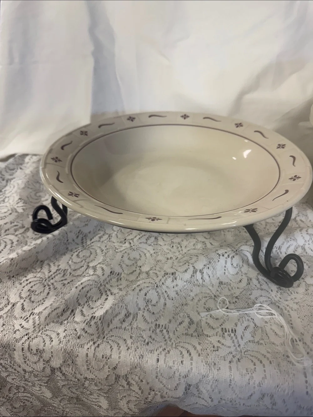 Longaberger 12in. Red Traditional Serving Bowl with Wrought Iron Stand